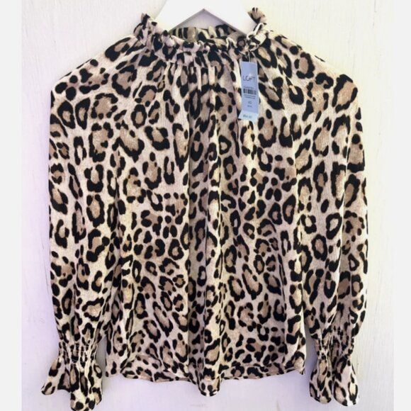 LOFT Tops - LOFT Animal Print Ruffle Mock Neck Blouse Smocked Cuffs Petite Size XSP NWT $69